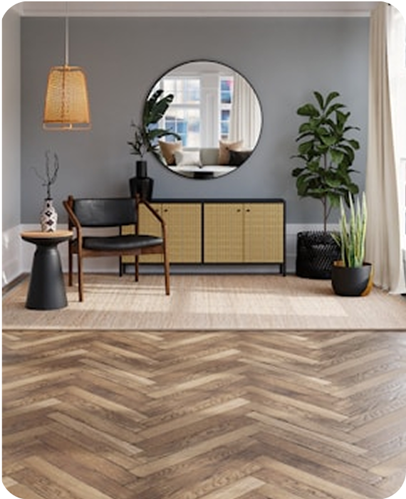 Modernes Wohnzimmer mit dunklem Fischgrät-Parkett, runder Spiegelwand und Zimmerpflanzen – Arbeit in Ulm
