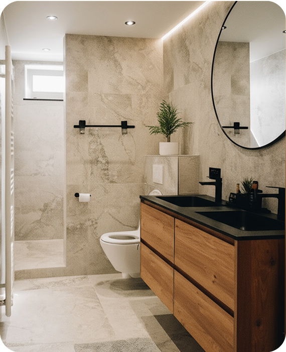 Modernes Badezimmer mit beiger Natursteinoptik, Holzwaschtisch, schwarzer Armatur und runder Spiegel – Arbeit in Ulm
