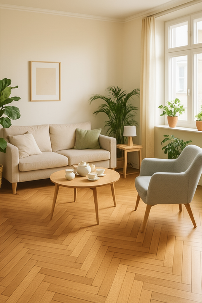 Helles Wohnzimmer mit Fischgrät-Parkett, Sofa, Sessel und Zimmerpflanzen – Arbeit in Ulm
