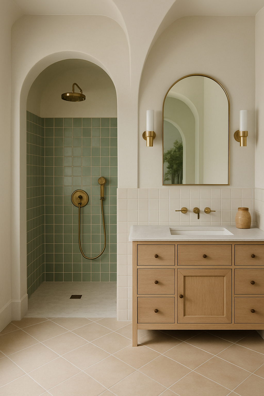 Modernes Badezimmer mit Dusche, grünen Wandfliesen, Waschbecken mit Holzschrank und Spiegel — Renovierungsarbeit mit Qualitätsgarantie seit 2015